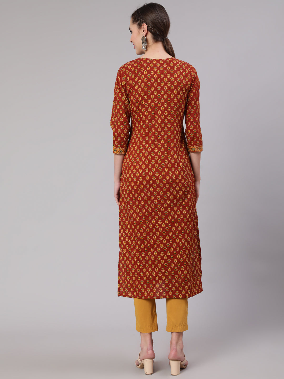 Maroon Ethnic Printed Straight Kurta With Three Quarter Sleeves