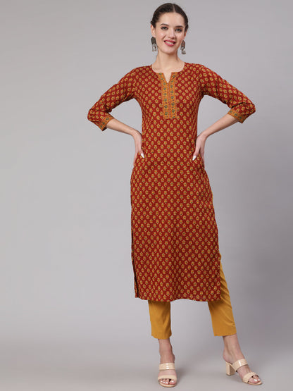 Maroon Ethnic Printed Straight Kurta With Three Quarter Sleeves