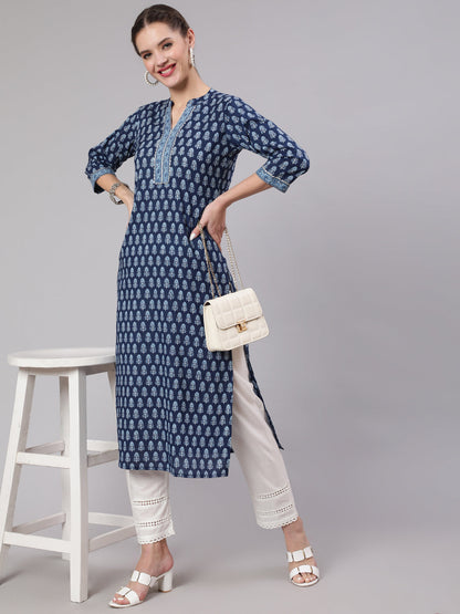 Blue Printed Straight Kurta With Three Quarter Sleeves