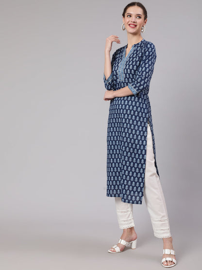 Blue Printed Straight Kurta With Three Quarter Sleeves