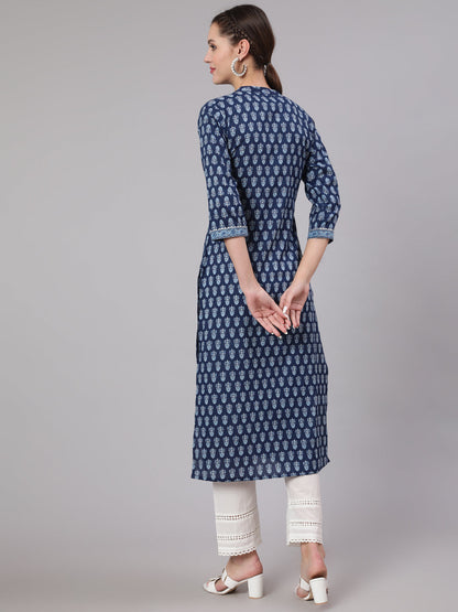 Blue Printed Straight Kurta With Three Quarter Sleeves