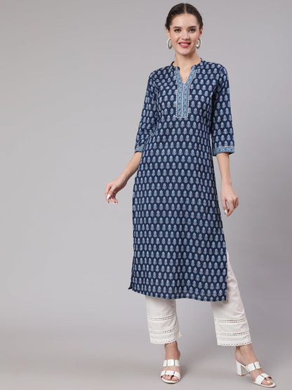 Blue Printed Straight Kurta With Three Quarter Sleeves