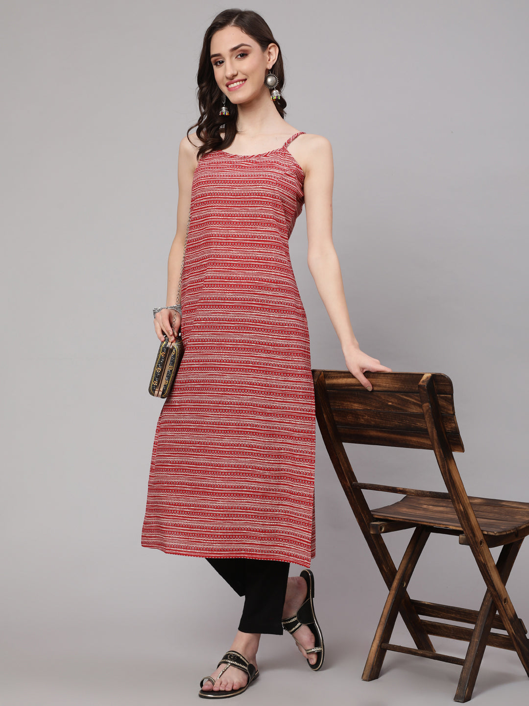 Red Geometric Printed Straight Sleevesless Kurta