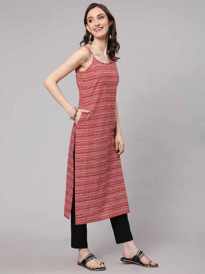 Red Geometric Printed Straight Sleevesless Kurta