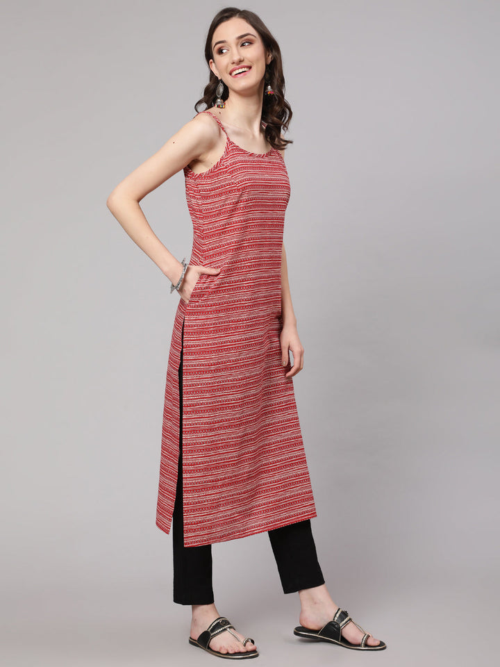 Red Geometric Printed Straight Sleevesless Kurta