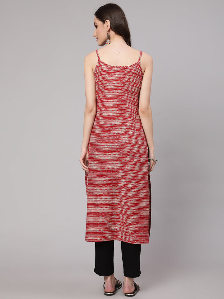 Red Geometric Printed Straight Sleevesless Kurta