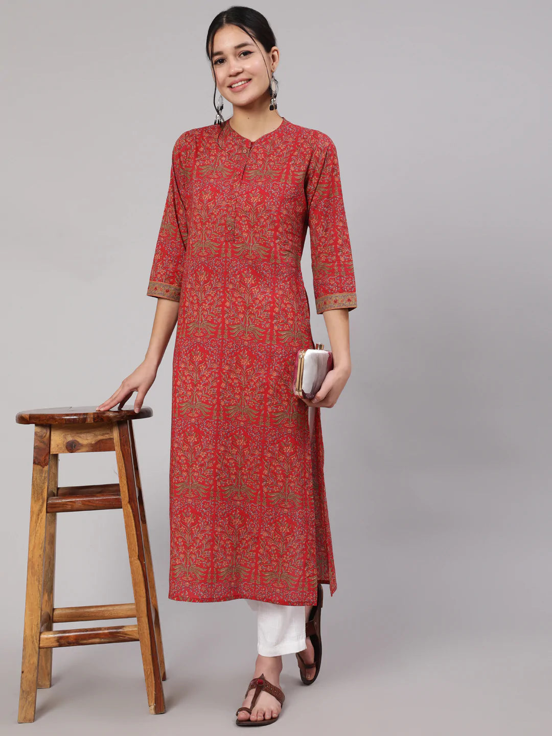 Red Printed Straight Kurta With Three Quarter Sleeves