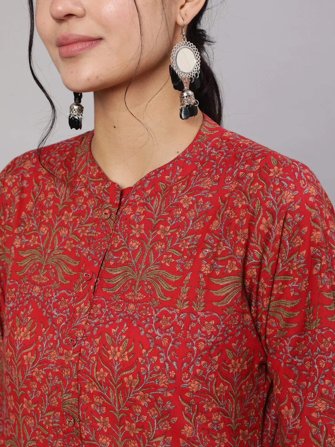 Red Printed Straight Kurta With Three Quarter Sleeves