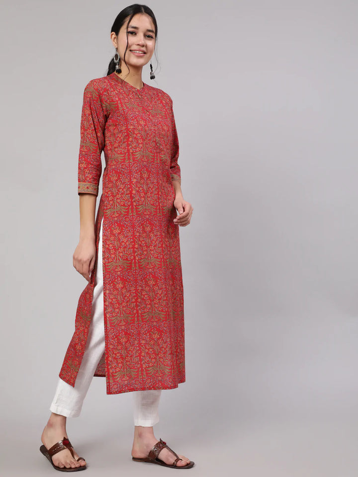 Red Printed Straight Kurta With Three Quarter Sleeves