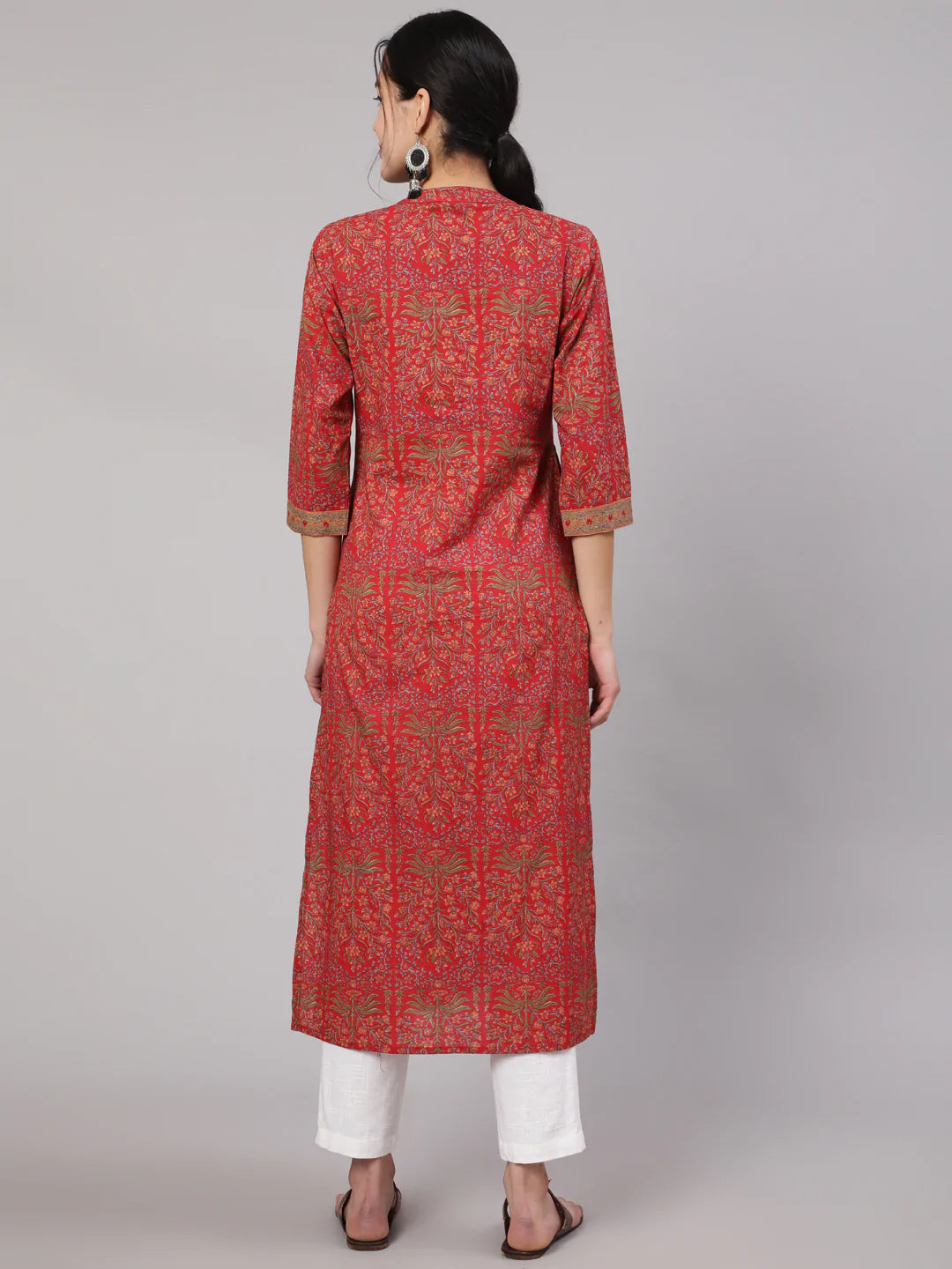 Red Printed Straight Kurta With Three Quarter Sleeves