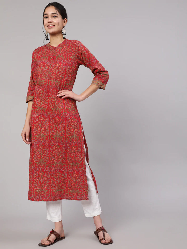 Red Printed Straight Kurta With Three Quarter Sleeves