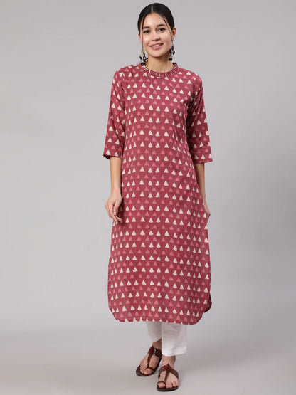 Mauve Ethnic Printed Straight Kurta With Three Quarter Sleeves