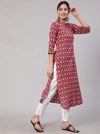 Mauve Ethnic Printed Straight Kurta With Three Quarter Sleeves