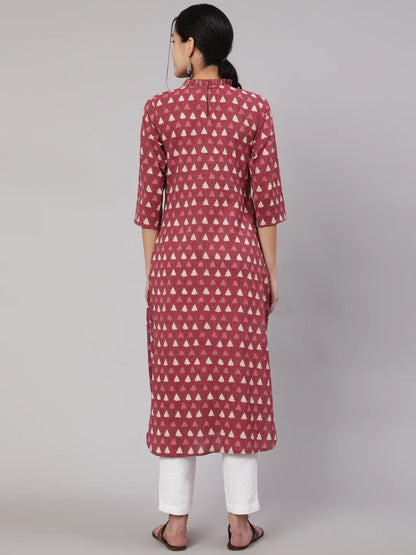 Mauve Ethnic Printed Straight Kurta With Three Quarter Sleeves