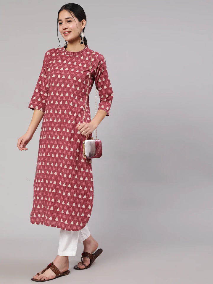 Mauve Ethnic Printed Straight Kurta With Three Quarter Sleeves