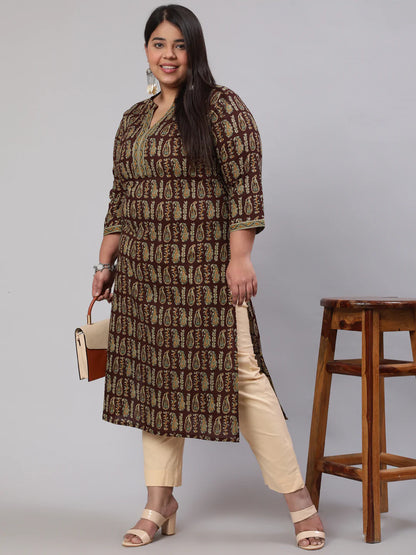 Plus Size  Brown Printed Straight kurta with Three Quarters Sleeves