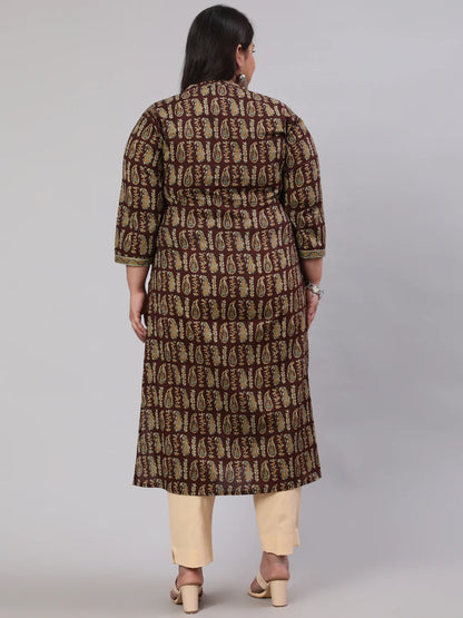 Plus Size  Brown Printed Straight kurta with Three Quarters Sleeves