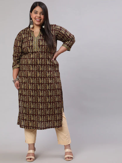 Plus Size  Brown Printed Straight kurta with Three Quarters Sleeves