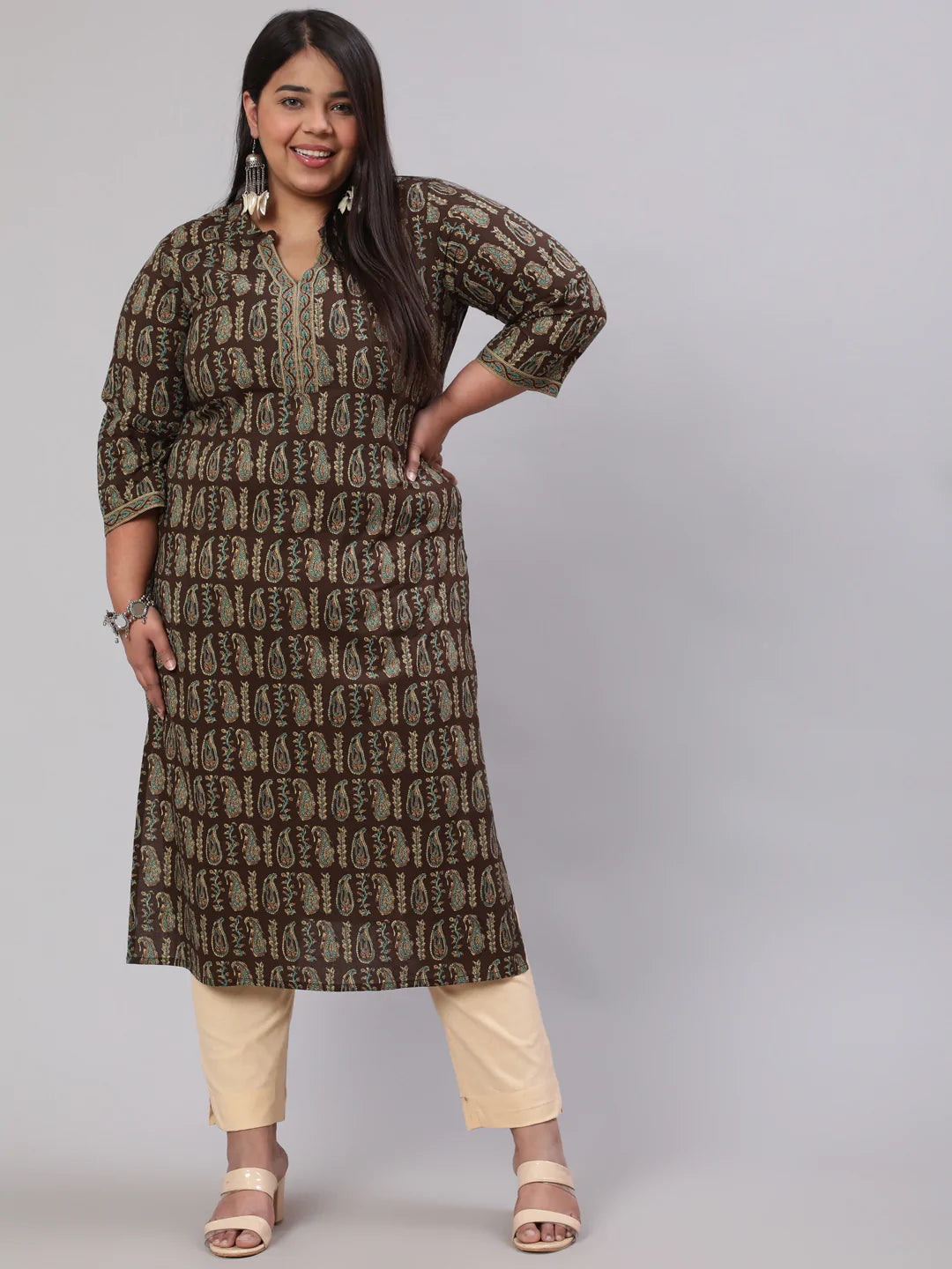 Plus Size  Dark Brown Printed Straight kurta with Three Quarters Sleeves