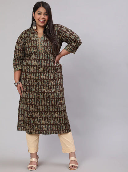 Plus Size  Dark Brown Printed Straight kurta with Three Quarters Sleeves