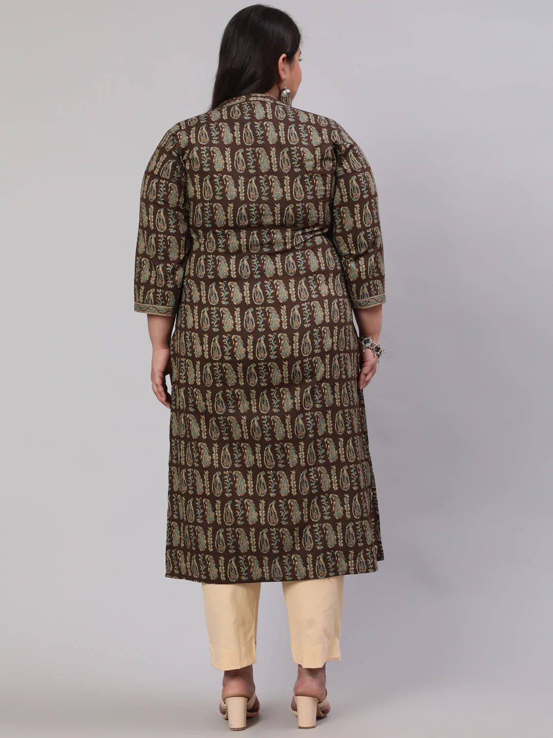 Plus Size  Dark Brown Printed Straight kurta with Three Quarters Sleeves