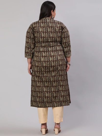 Plus Size  Dark Brown Printed Straight kurta with Three Quarters Sleeves