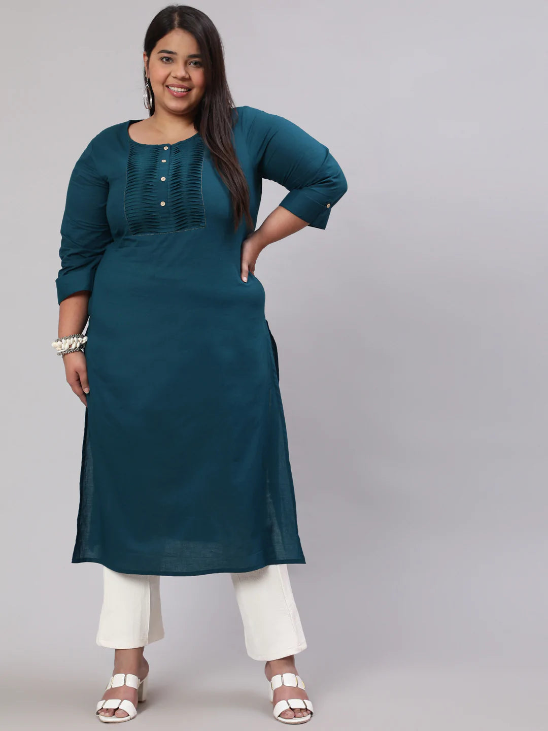 Plus Size  Teal Blue Printed Straight kurta with Three Quarters Sleeves