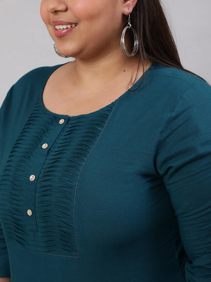 Plus Size  Teal Blue Printed Straight kurta with Three Quarters Sleeves