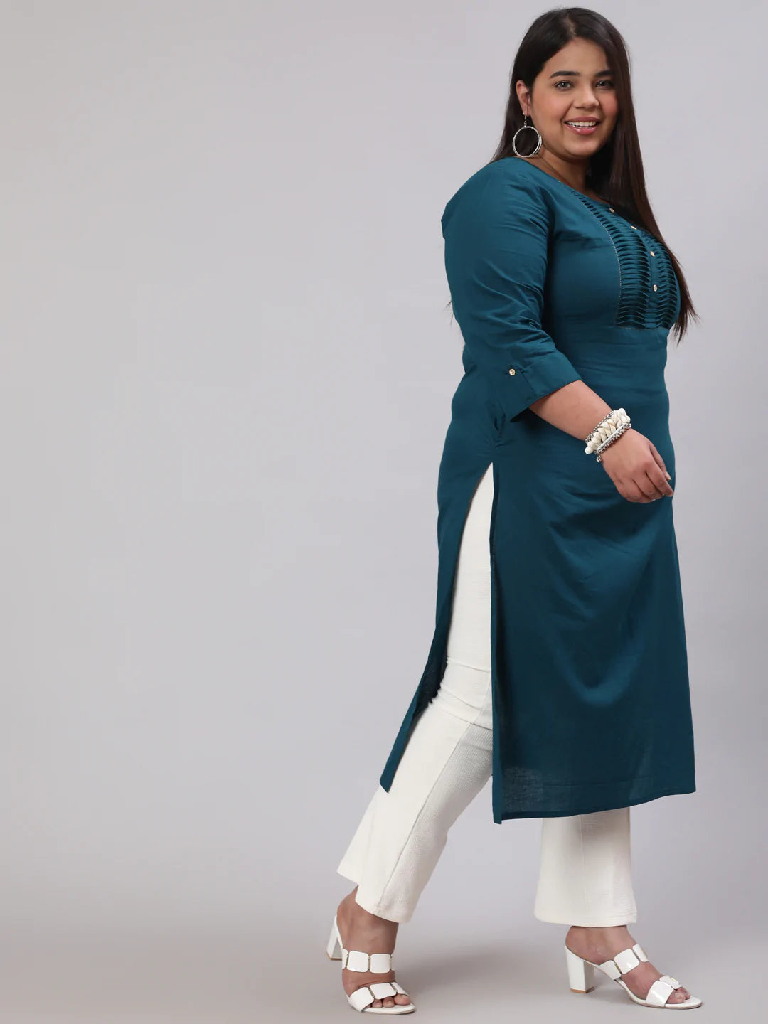 Plus Size  Teal Blue Printed Straight kurta with Three Quarters Sleeves