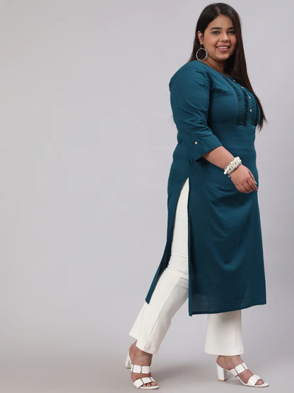 Plus Size  Teal Blue Printed Straight kurta with Three Quarters Sleeves