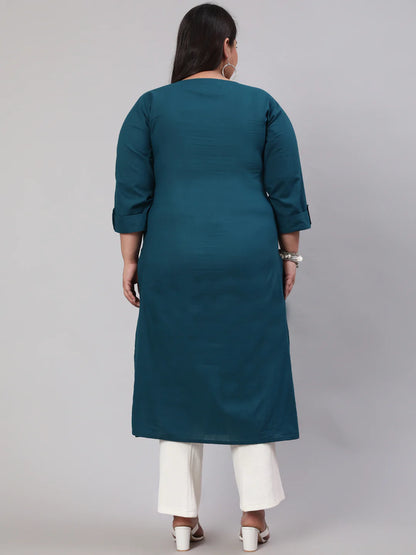 Plus Size  Teal Blue Printed Straight kurta with Three Quarters Sleeves