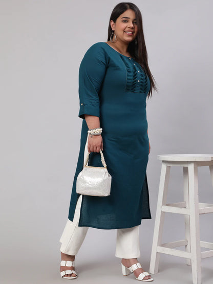 Plus Size  Teal Blue Printed Straight kurta with Three Quarters Sleeves