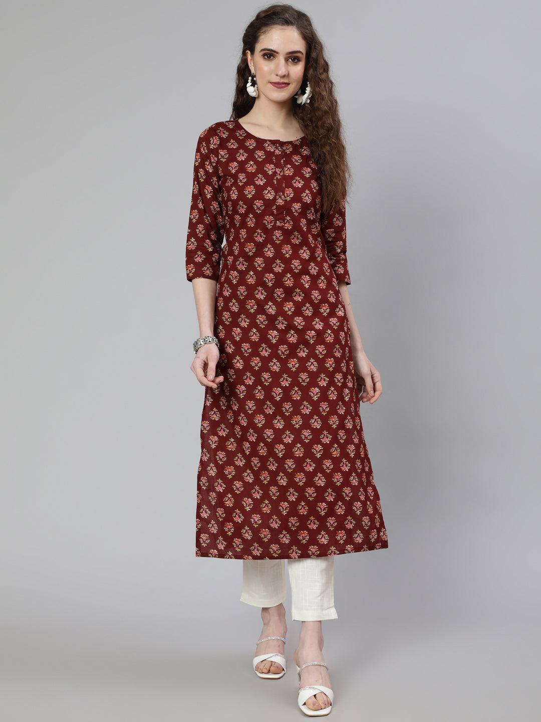 Brown Printed Straight Kurta With Three Quarter Sleeves