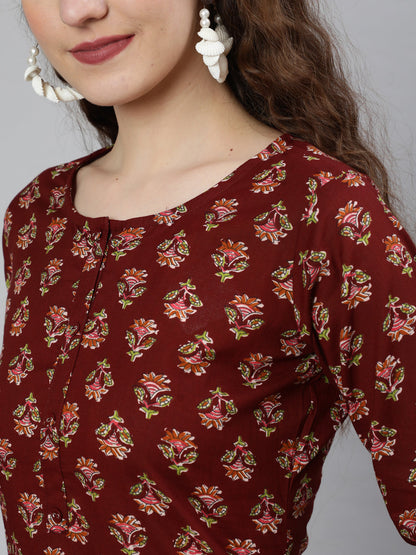 Brown Printed Straight Kurta With Three Quarter Sleeves