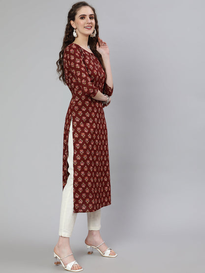 Brown Printed Straight Kurta With Three Quarter Sleeves