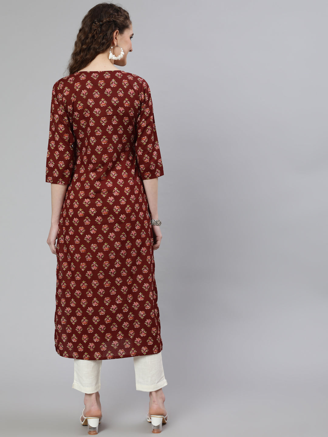 Brown Printed Straight Kurta With Three Quarter Sleeves