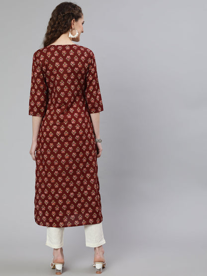 Brown Printed Straight Kurta With Three Quarter Sleeves