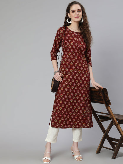 Brown Printed Straight Kurta With Three Quarter Sleeves