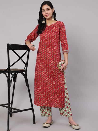 Red Printed Straight Kurta With Three Quarter Sleeves
