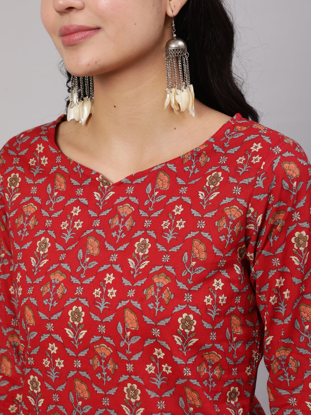 Red Printed Straight Kurta With Three Quarter Sleeves