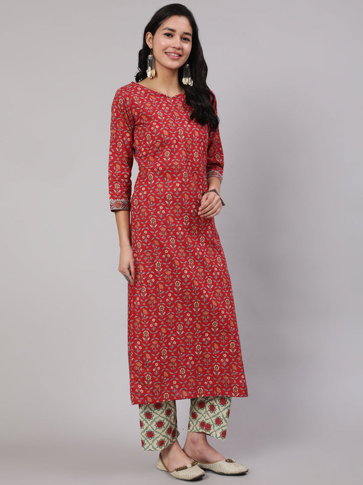 Red Printed Straight Kurta With Three Quarter Sleeves