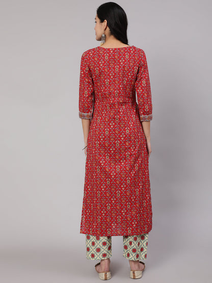 Red Printed Straight Kurta With Three Quarter Sleeves
