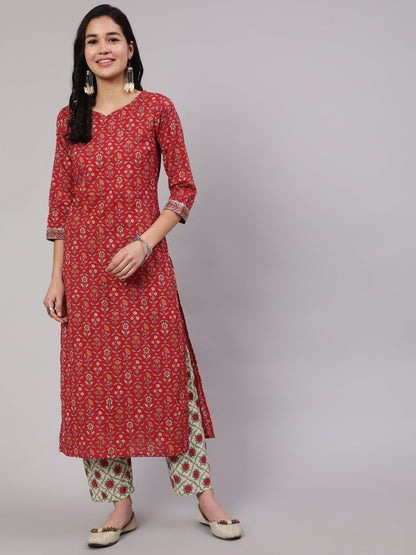 Red Printed Straight Kurta With Three Quarter Sleeves
