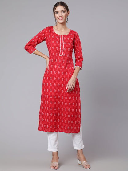 Red Printed Straight Kurta With Three Quarter Sleeves