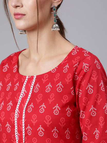 Red Printed Straight Kurta With Three Quarter Sleeves