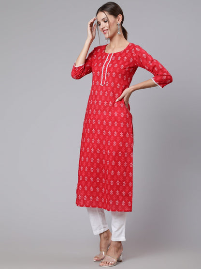 Red Printed Straight Kurta With Three Quarter Sleeves