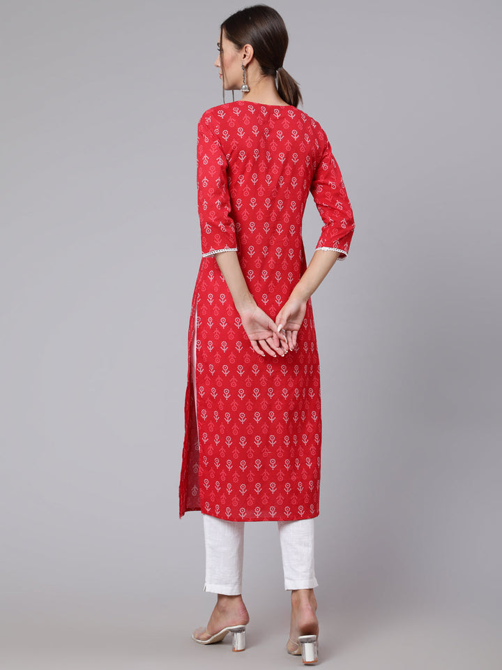 Red Printed Straight Kurta With Three Quarter Sleeves