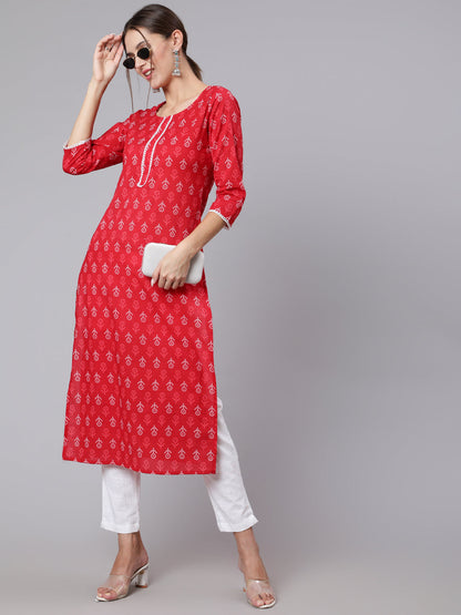 Red Printed Straight Kurta With Three Quarter Sleeves