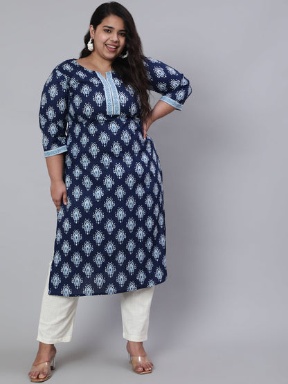 Plus Size Blue Printed Straight Kurta With Three Quarters Sleeves