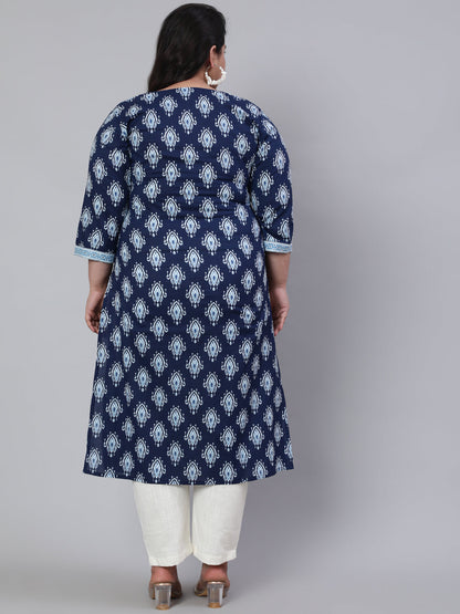 Plus Size Blue Printed Straight Kurta With Three Quarters Sleeves